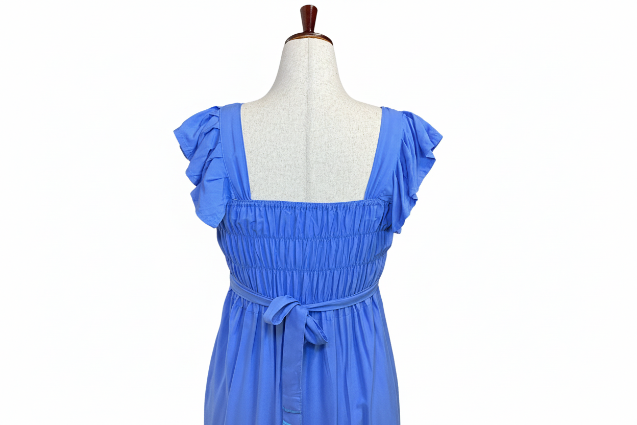 Vestido azul vista trasera con fondo blanco