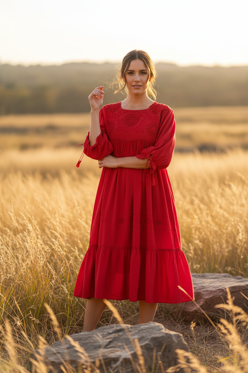 Vestido rojo bordado rococó monocromático manga globo en modelo - fotografía editorial